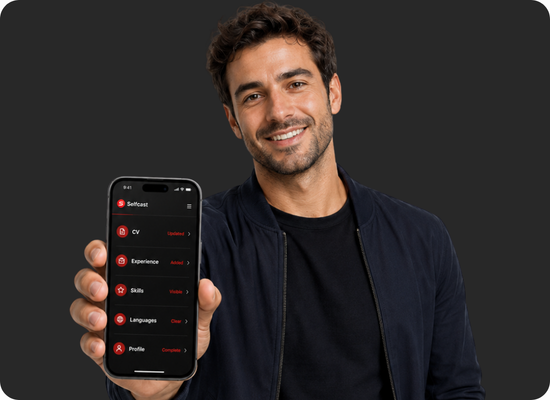 Selfcast app profile data with CV, experience, skills and languages