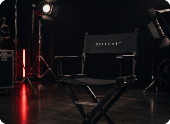 Selfcast director’s chair in a professional film studio with cinematic lighting