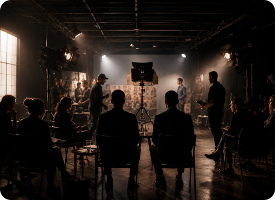 Casting session with producers and industry professionals in a film studio for Selfcast partners
